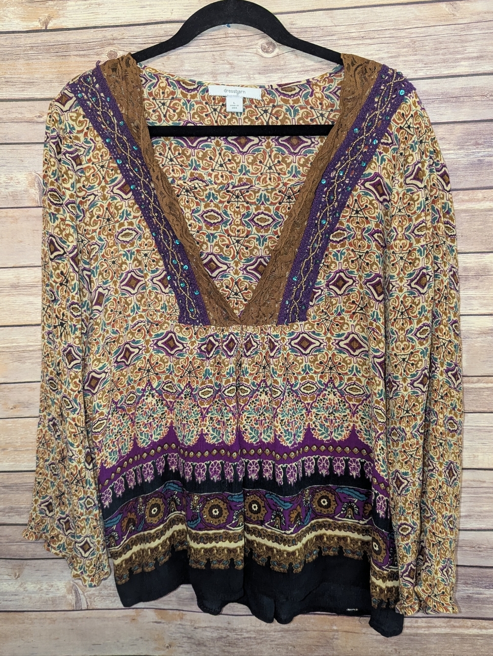 DressBarn Women’s Large Boho Peasant Top Paisley Beaded Lace Trim Rayon Blouse